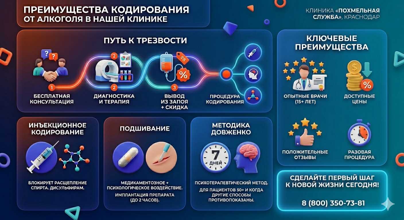 Инфографика о методах кодирования от алкоголя в Новой Усмани: инъекции, подшивание, метод Довженко. Преимущества клиники и этапы лечения.